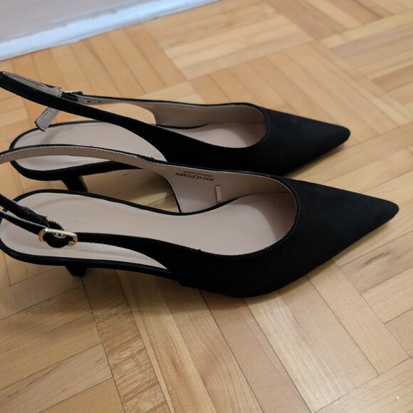 SLINGBACK BLACK ELEGANT SHOES KITTEN HEELS - Picture 3 of 6